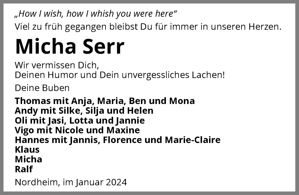  Traueranzeige für Michael Serr vom 23.01.2024 aus GESAMT