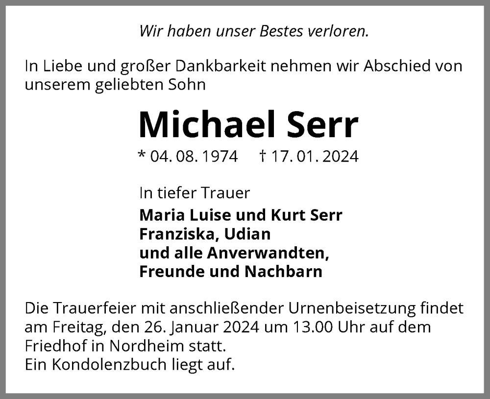  Traueranzeige für Michael Serr vom 23.01.2024 aus GESAMT