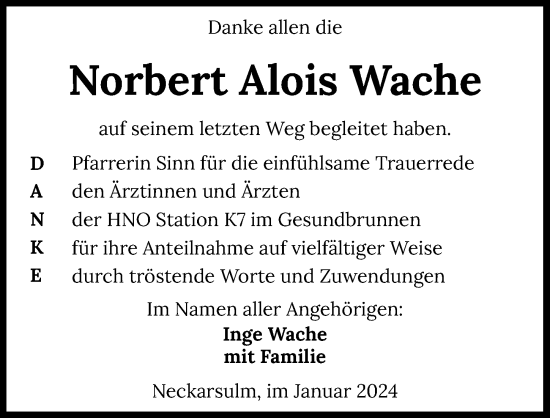 Traueranzeige von Norbert Alois Wache von GESAMT