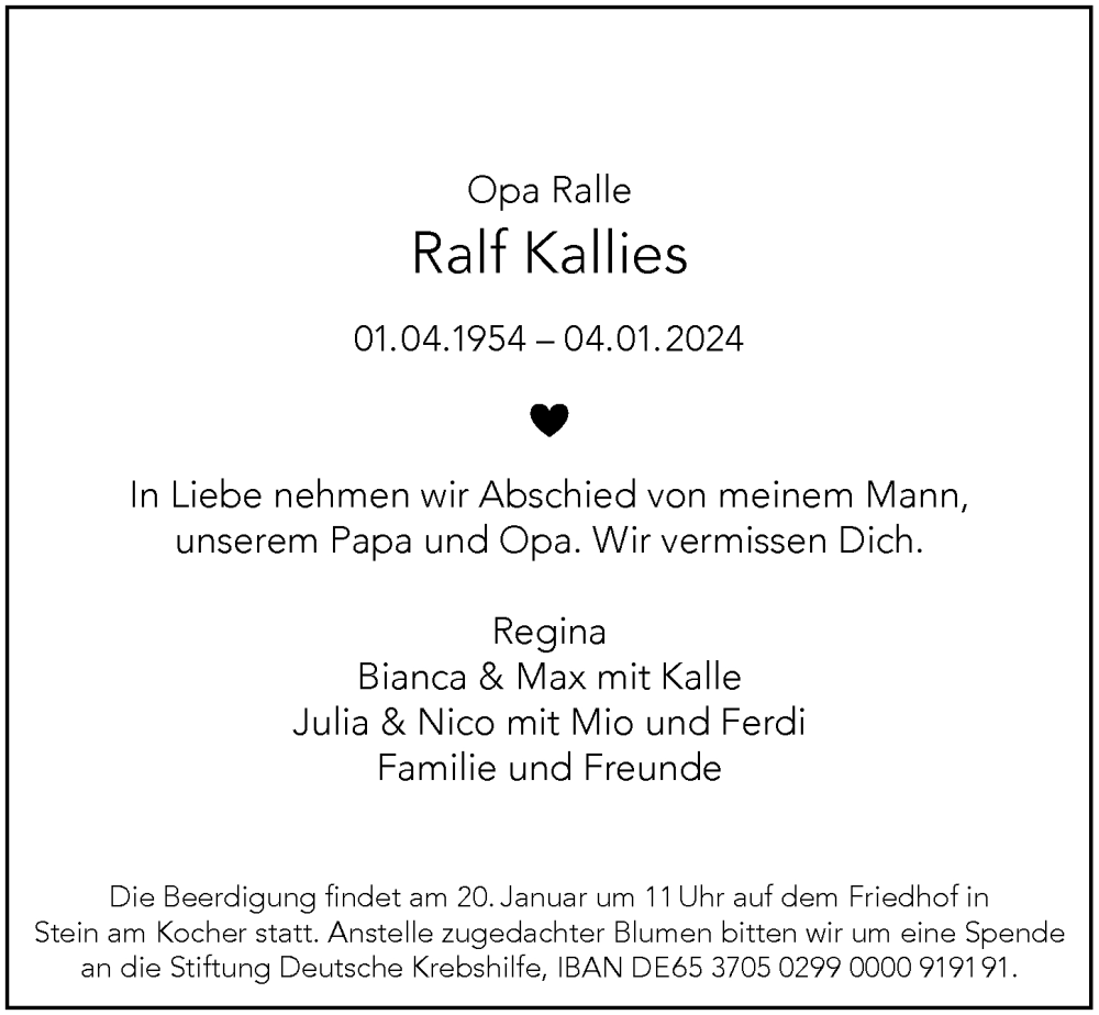  Traueranzeige für Ralf Kallies vom 17.01.2024 aus GESAMT