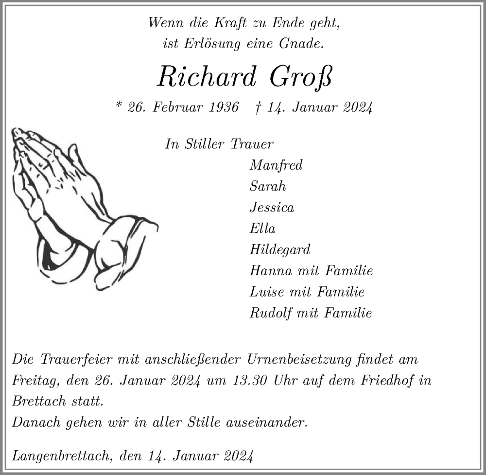  Traueranzeige für Richard Groß vom 24.01.2024 aus GESAMT