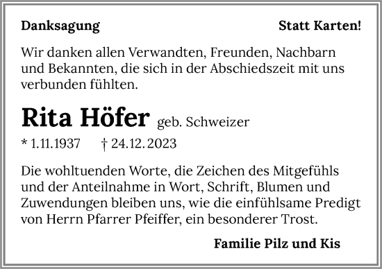 Traueranzeige von Rita Höfer von GESAMT