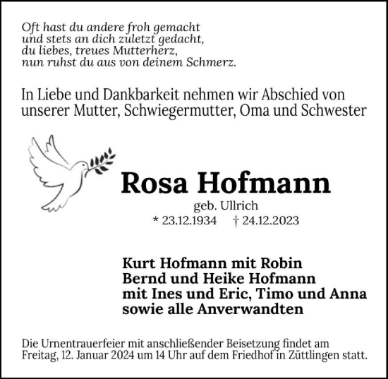 Traueranzeige von Rosa Hofmann von GESAMT