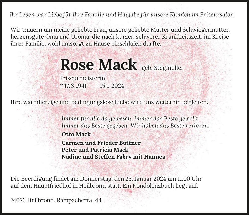 Traueranzeige für Rose Mack vom 20.01.2024 aus GESAMT