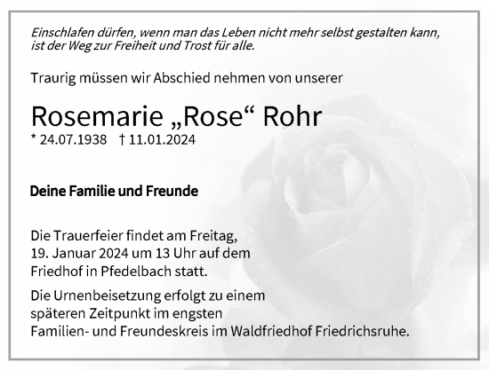 Traueranzeige von Rosemarie Rohr von GESAMT