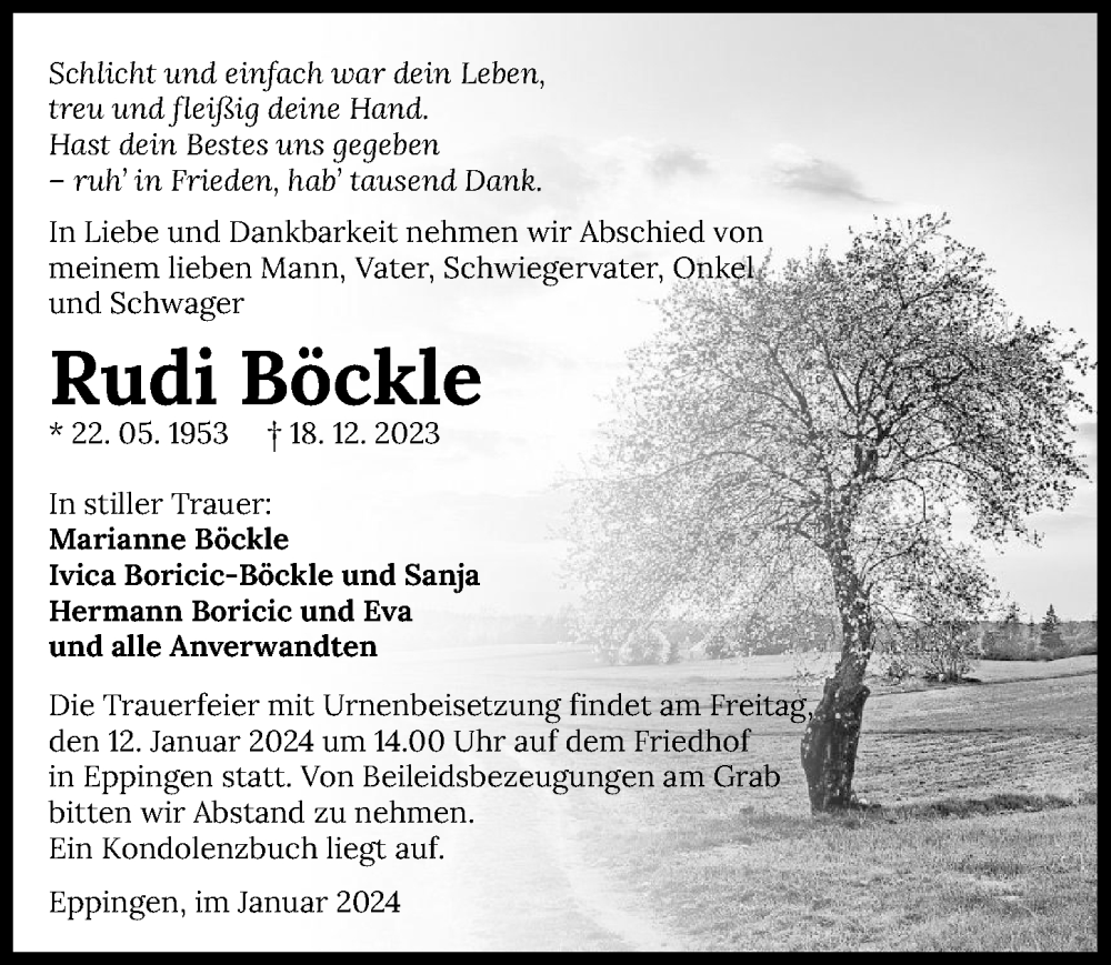  Traueranzeige für Rudi Böckle vom 08.01.2024 aus GESAMT