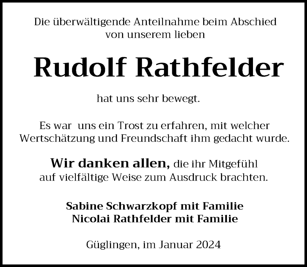  Traueranzeige für Rudolf Rathfelder vom 13.01.2024 aus GESAMT