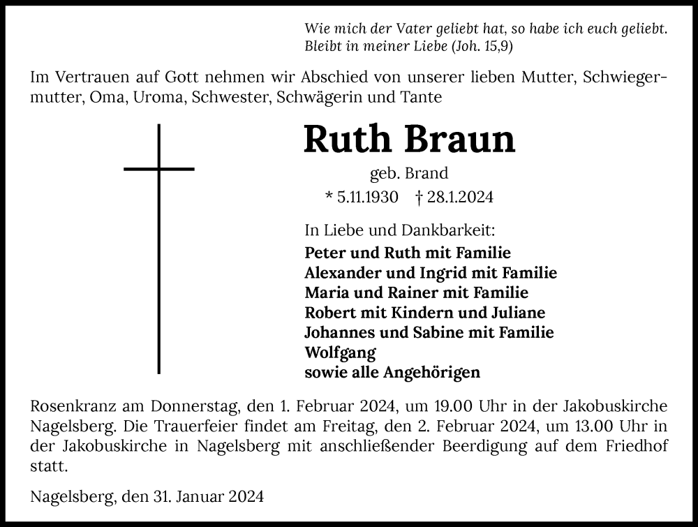  Traueranzeige für Ruth Braun vom 31.01.2024 aus GESAMT