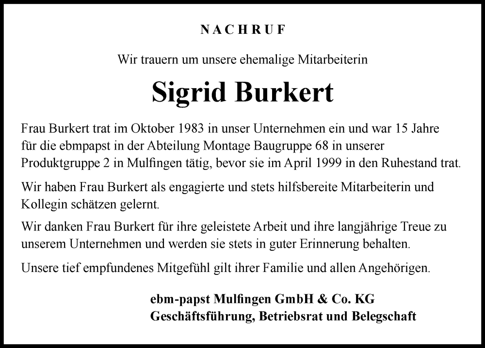  Traueranzeige für Sigrid Burkert vom 09.01.2024 aus GESAMT