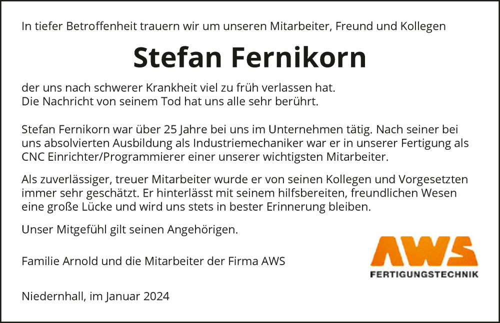  Traueranzeige für Stefan Fernikorn vom 05.01.2024 aus GESAMT