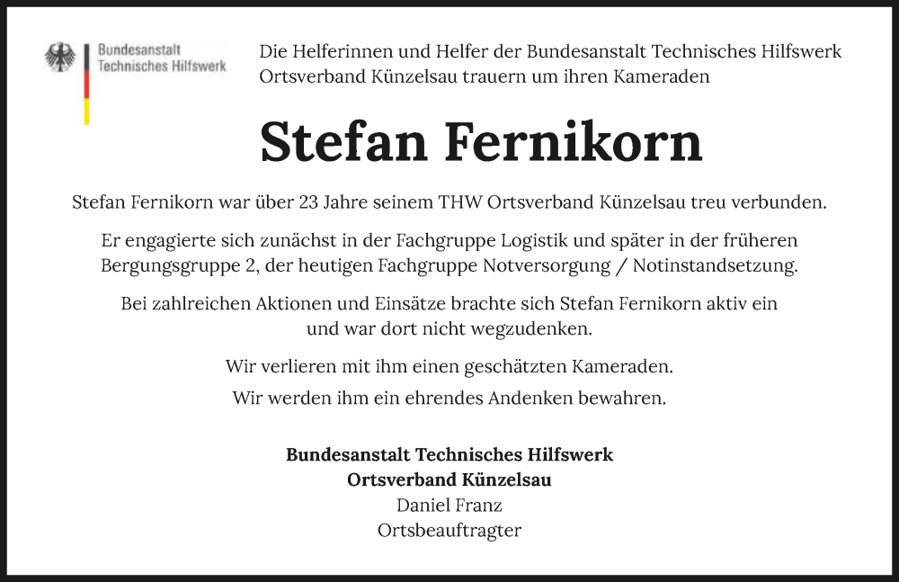  Traueranzeige für Stefan Fernikorn vom 08.01.2024 aus GESAMT