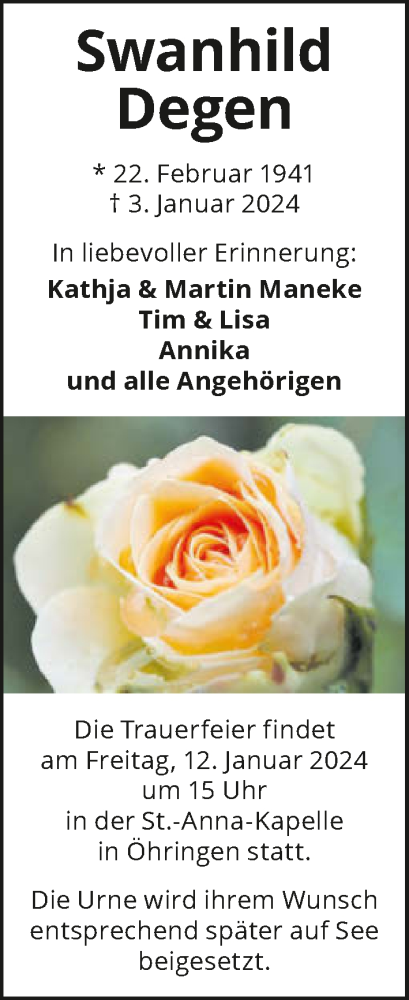 Traueranzeige von Swanhild Degen von GESAMT