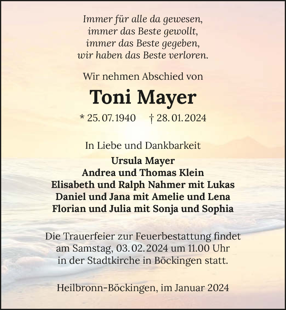  Traueranzeige für Toni Mayer vom 31.01.2024 aus GESAMT