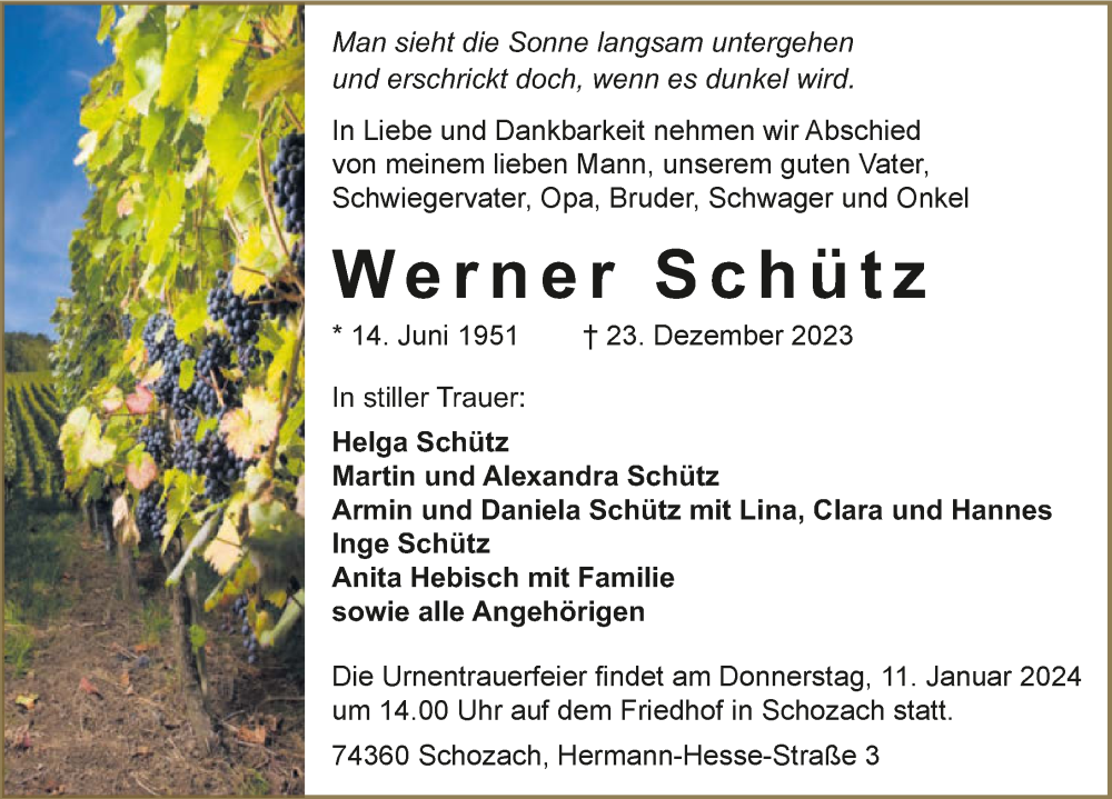  Traueranzeige für Werner Schütz vom 05.01.2024 aus GESAMT
