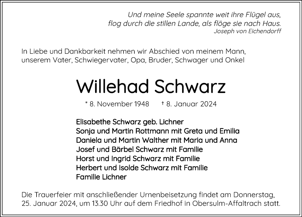  Traueranzeige für Willehad Schwarz vom 20.01.2024 aus GESAMT