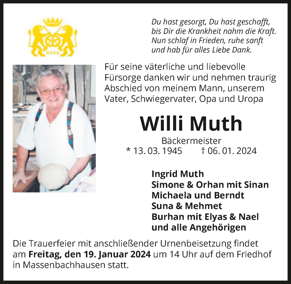  Traueranzeige für Willi Muth vom 13.01.2024 aus GESAMT