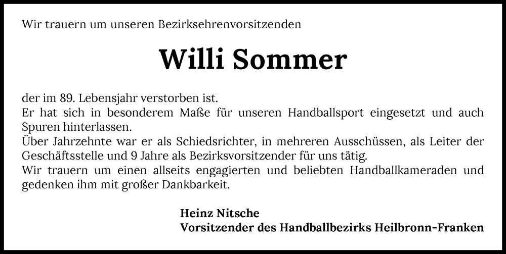  Traueranzeige für Willi Sommer vom 27.01.2024 aus GESAMT