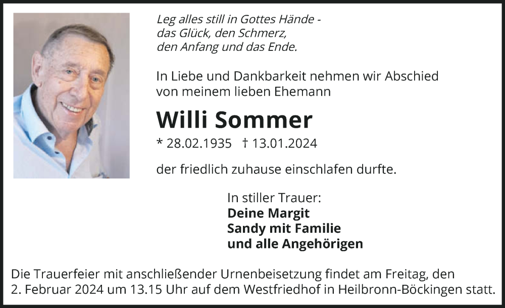  Traueranzeige für Willi Sommer vom 27.01.2024 aus GESAMT