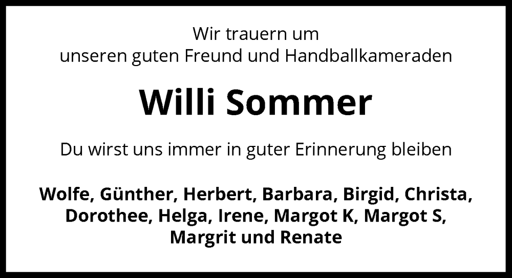  Traueranzeige für Willi Sommer vom 27.01.2024 aus GESAMT