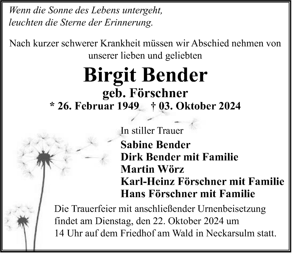  Traueranzeige für Birgit Bender vom 12.10.2024 aus GESAMT