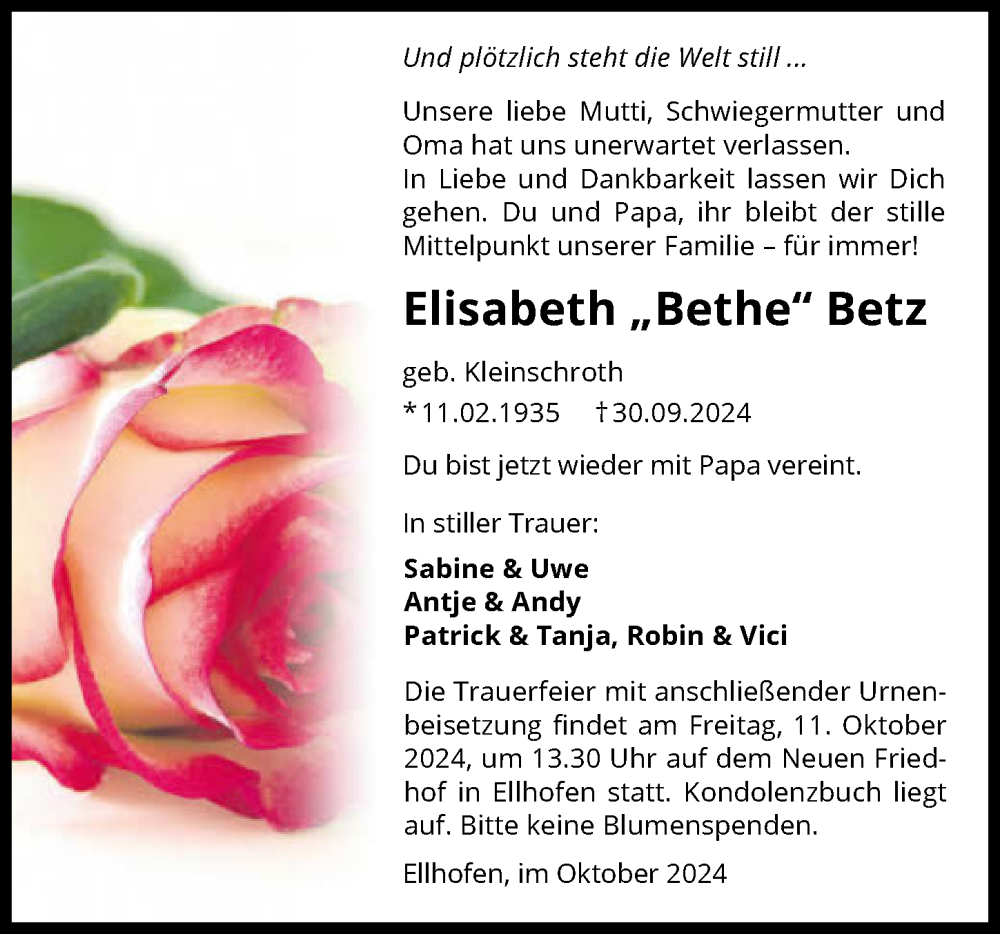  Traueranzeige für Elisabeth Betz vom 05.10.2024 aus GESAMT