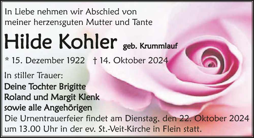  Traueranzeige für Hilde Kohler vom 19.10.2024 aus GESAMT