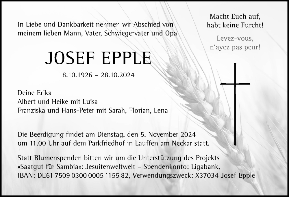  Traueranzeige für Josef Epple vom 31.10.2024 aus GESAMT