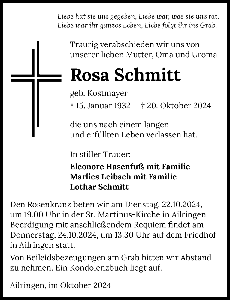  Traueranzeige für Rosa Schmitt vom 22.10.2024 aus GESAMT