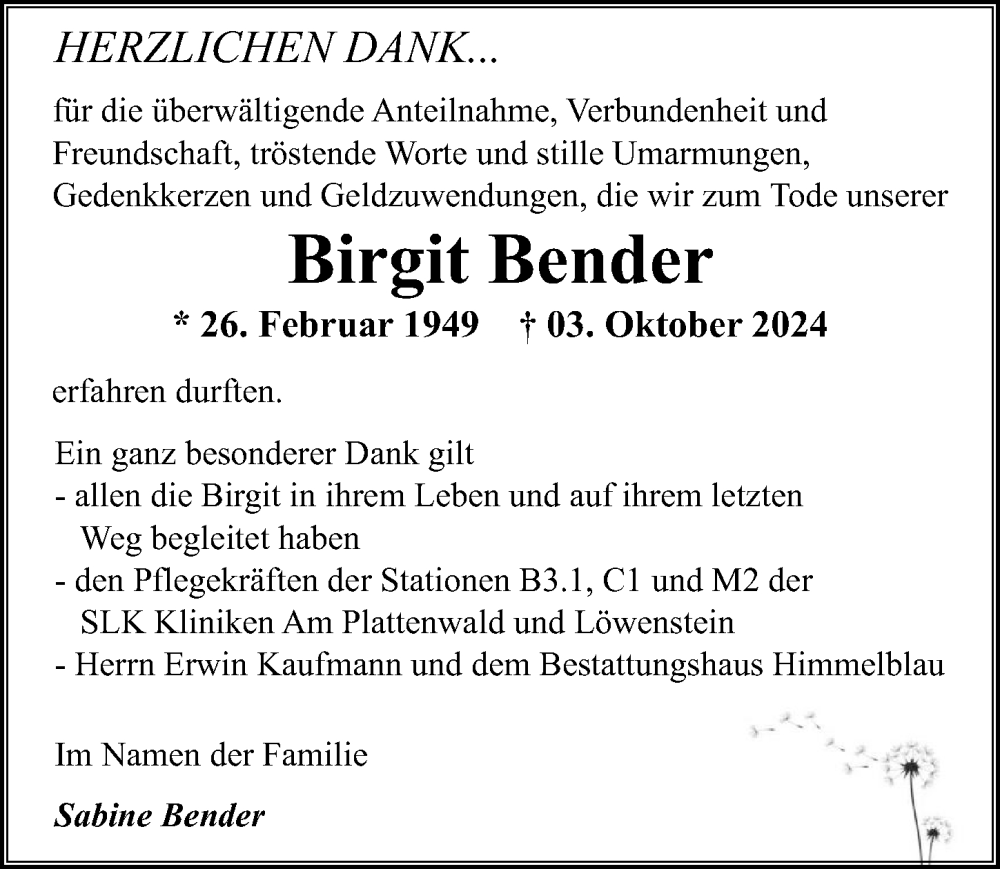  Traueranzeige für Birgit Bender vom 02.11.2024 aus GESAMT