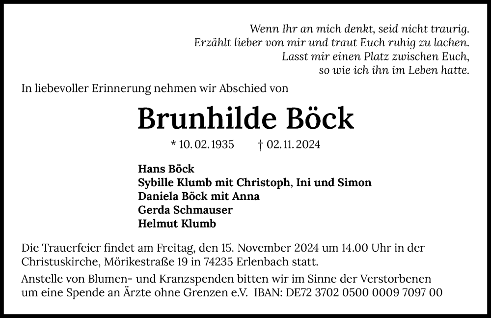  Traueranzeige für Brunhilde Böck vom 09.11.2024 aus GESAMT