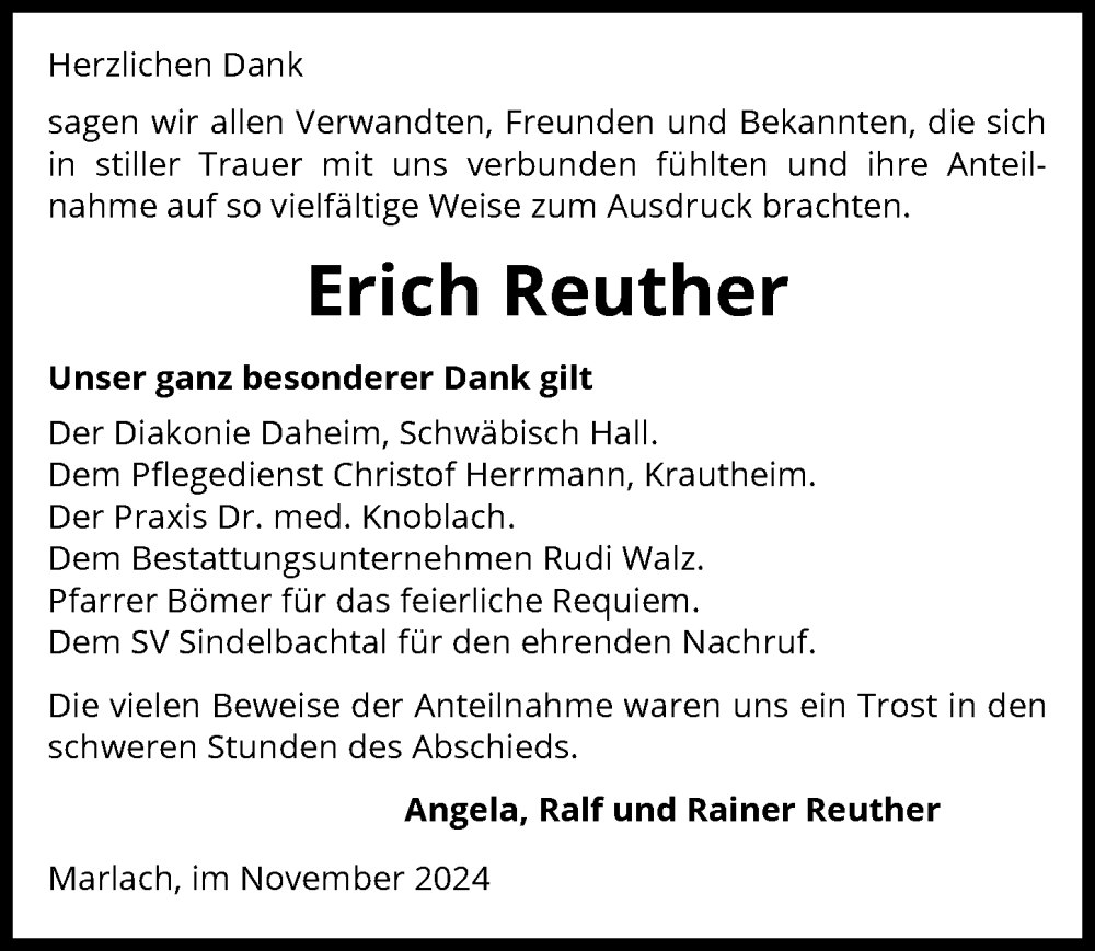  Traueranzeige für Erich Reuther vom 25.11.2024 aus GESAMT