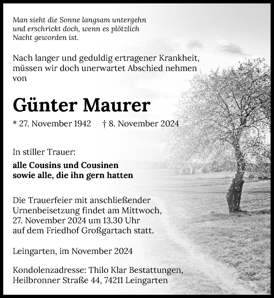  Traueranzeige für Günter Maurer vom 23.11.2024 aus GESAMT