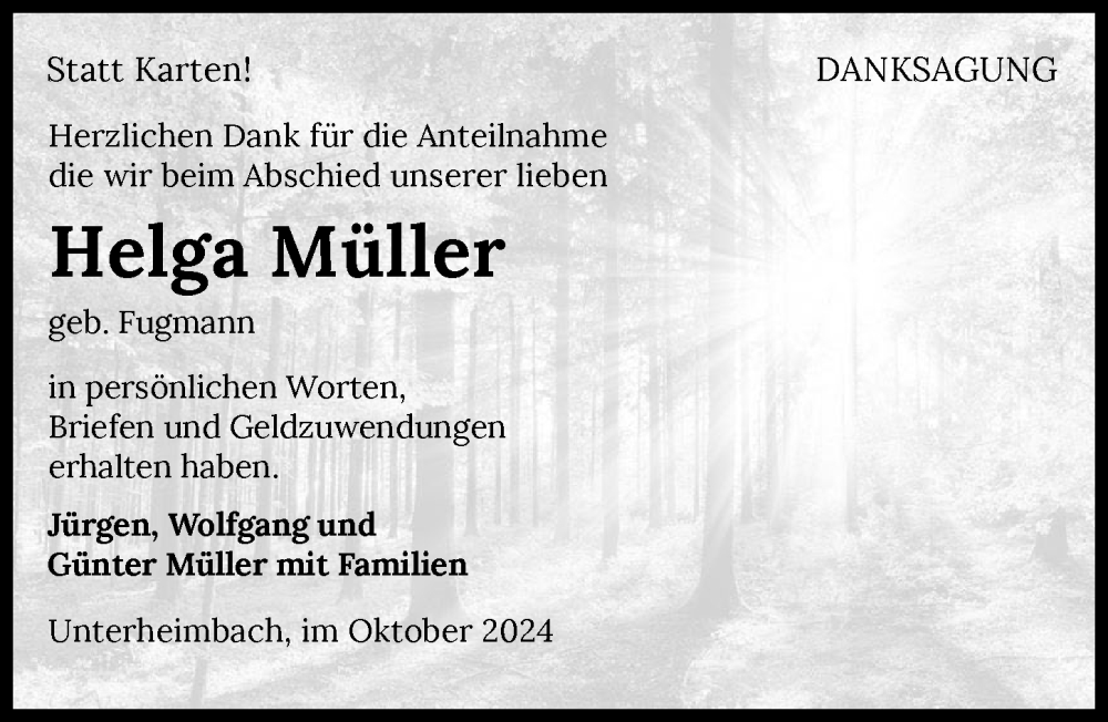  Traueranzeige für Helga Müller vom 02.11.2024 aus GESAMT