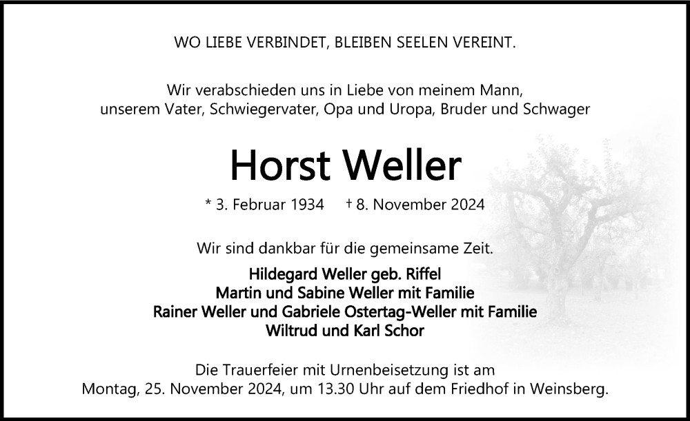  Traueranzeige für Horst Weller vom 16.11.2024 aus GESAMT
