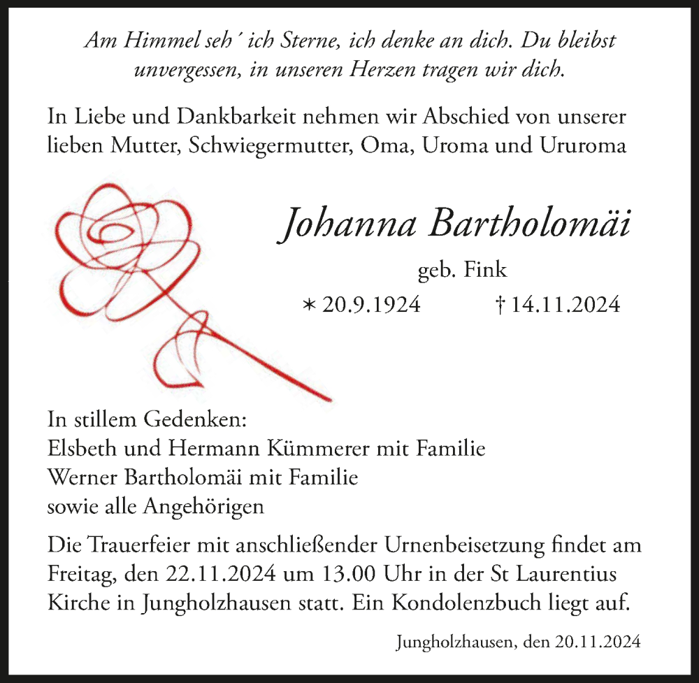  Traueranzeige für Johanna Bartholomäi vom 20.11.2024 aus GESAMT