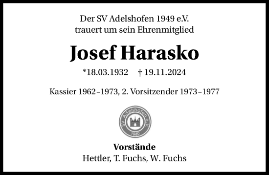 Traueranzeige von Josef Harasko von GESAMT