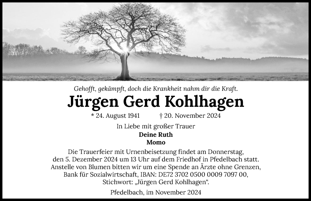  Traueranzeige für Jürgen Gerd Kohlhagen vom 30.11.2024 aus GESAMT
