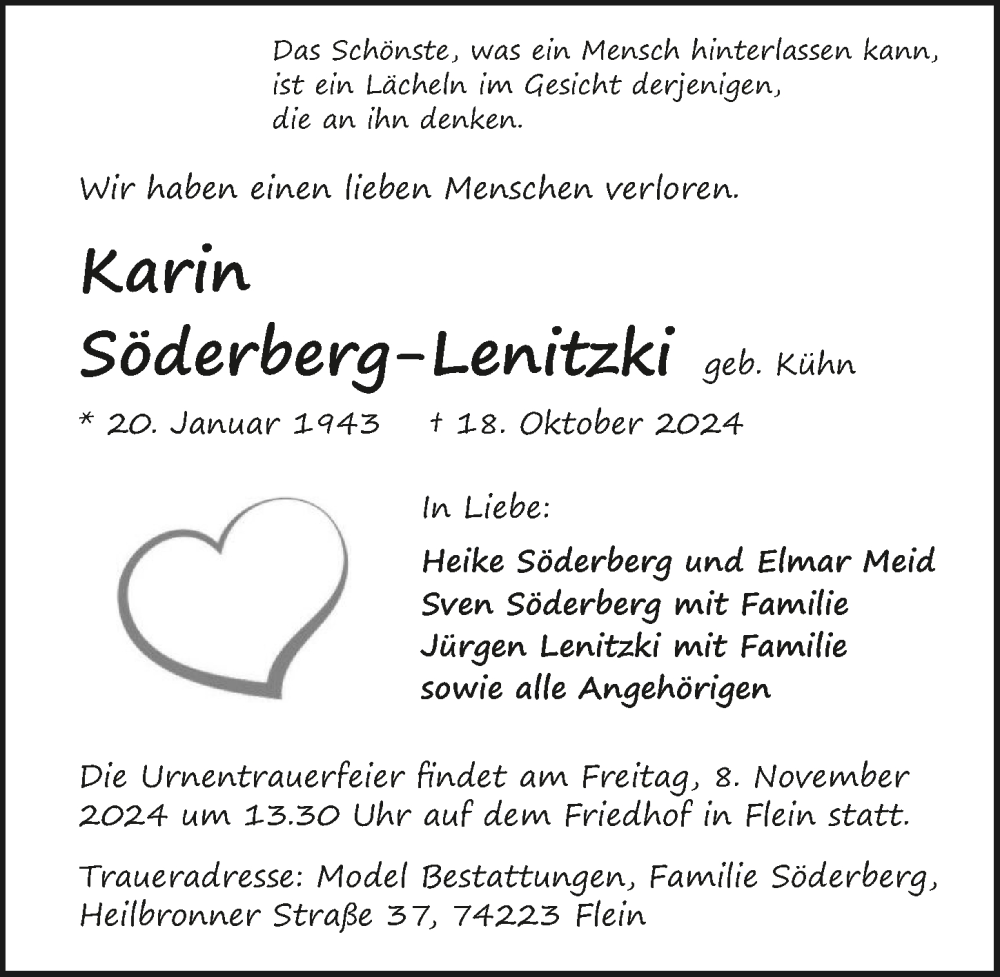  Traueranzeige für Karin Söderberg-Lenitzki vom 02.11.2024 aus GESAMT