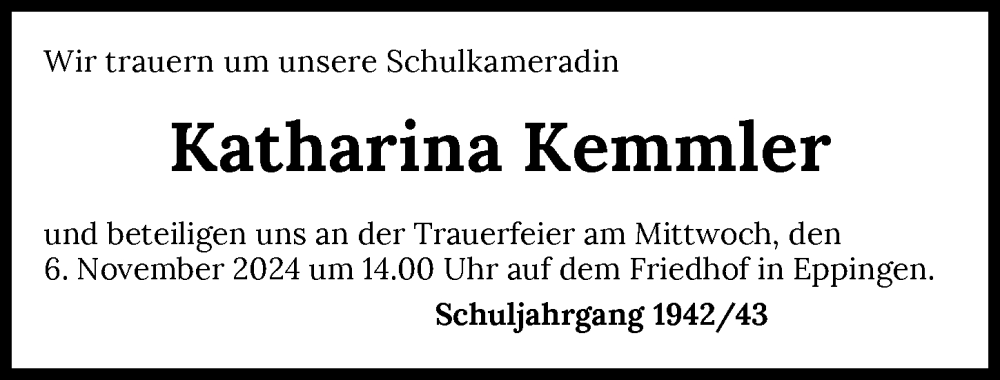 Traueranzeige für Katharina Kemmler vom 05.11.2024 aus GESAMT