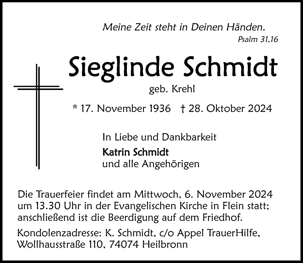  Traueranzeige für Sieglinde Schmidt vom 02.11.2024 aus GESAMT