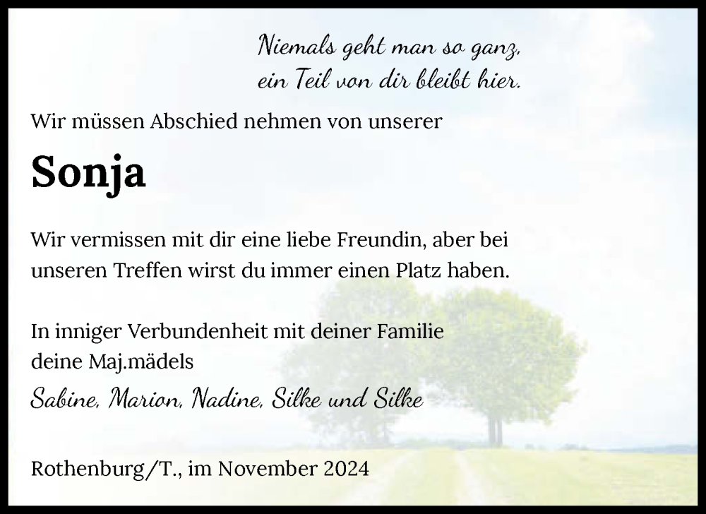  Traueranzeige für Sonja  vom 19.11.2024 aus GESAMT