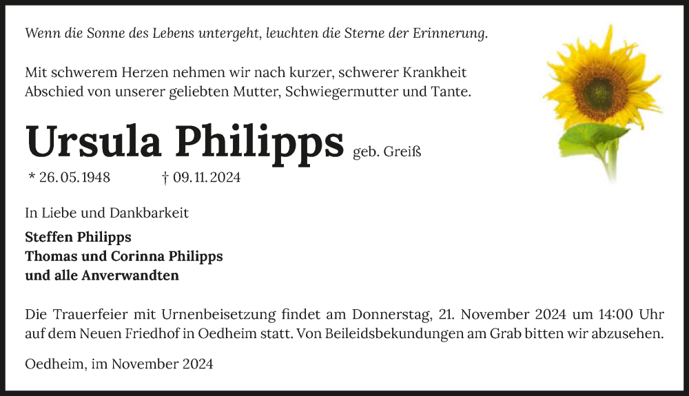  Traueranzeige für Ursula Philipps vom 16.11.2024 aus GESAMT