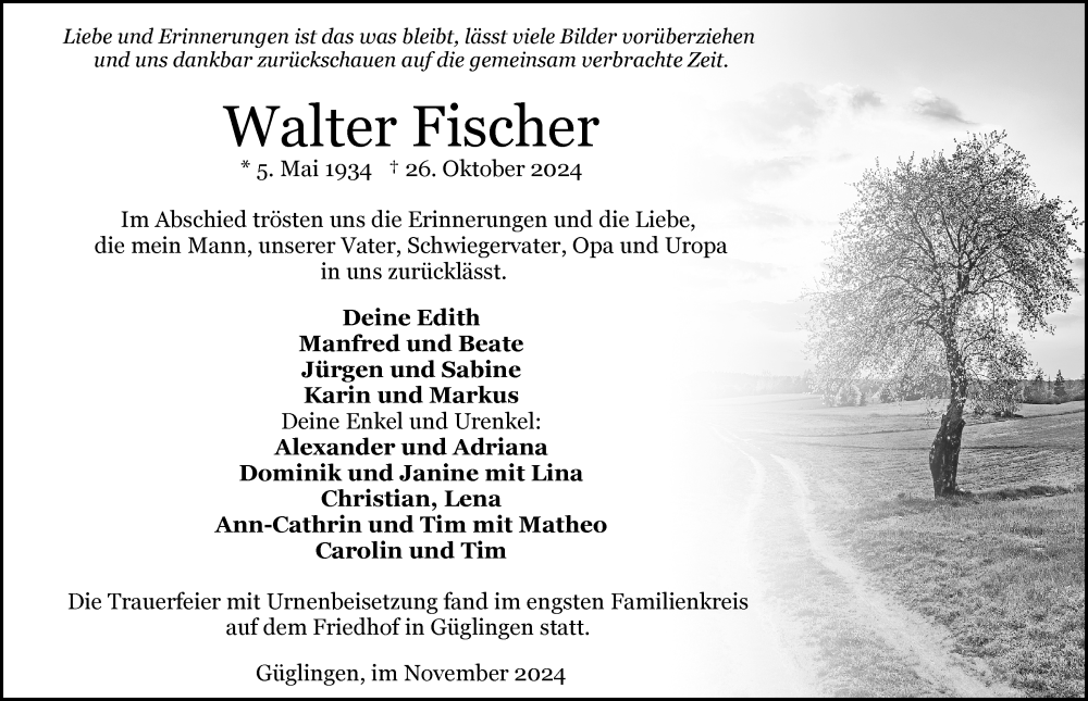 Traueranzeige für Walter Fischer vom 09.11.2024 aus GESAMT
