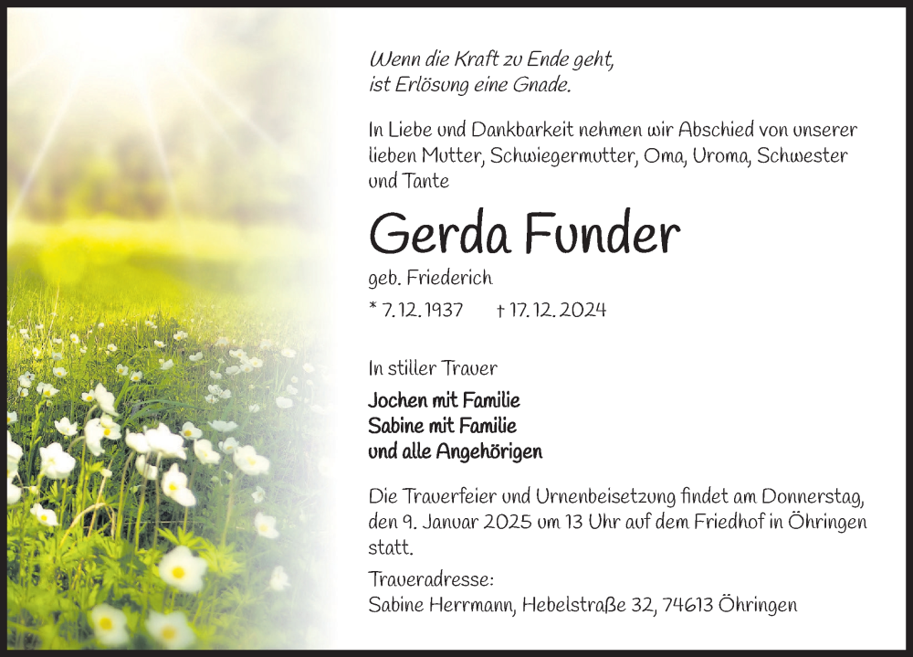  Traueranzeige für Gerda Funder vom 23.12.2024 aus 
