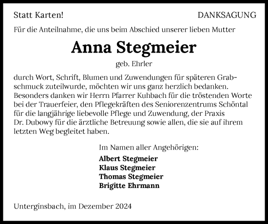 Traueranzeige von Anna Stegmeier von GESAMT
