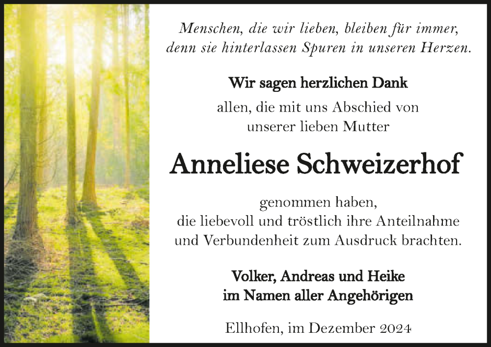  Traueranzeige für Anneliese Schweizerhof vom 21.12.2024 aus GESAMT