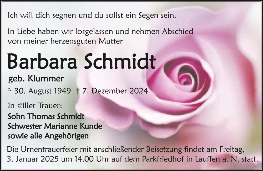  Traueranzeige für Barbara Schmidt vom 28.12.2024 aus GESAMT