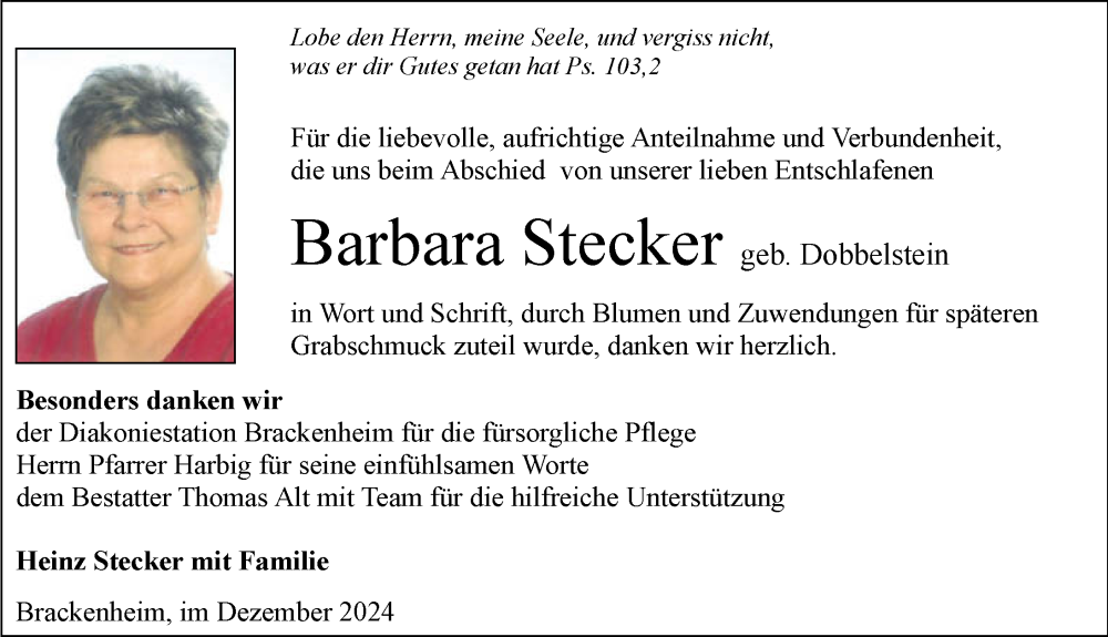  Traueranzeige für Barbara Stecker vom 19.12.2024 aus GESAMT