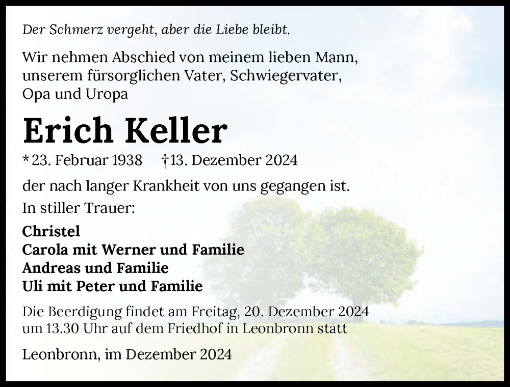  Traueranzeige für Erich Keller vom 18.12.2024 aus GESAMT