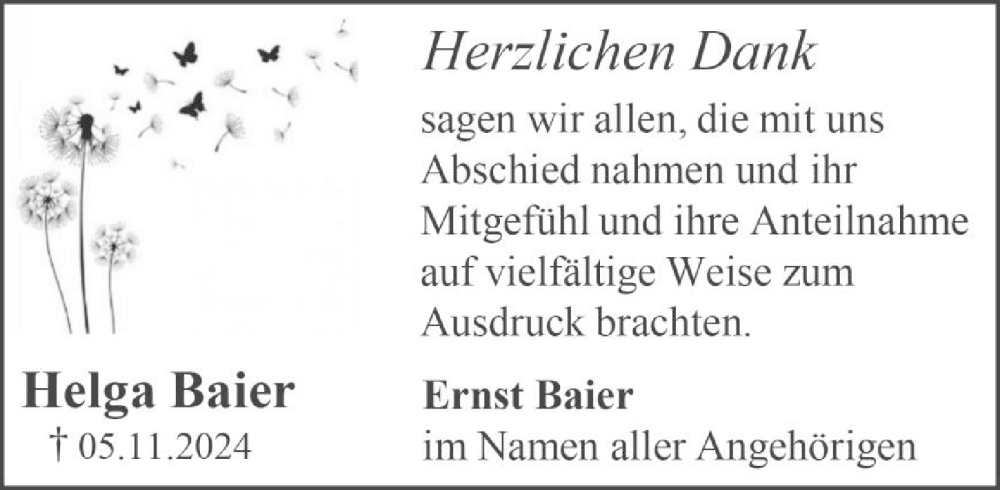  Traueranzeige für Helga Baier vom 03.12.2024 aus GESAMT